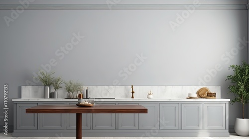 an elegant interior, featuring gray drawers under a kitchen cabinet, an empty wooden table, and a marble countertop in a room, emphasizing the sleek design and clean lines.