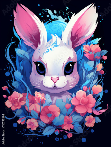 t-shirt design, (bunny) cute by paula de rosa | social media icons, in the style of psychedelic manga created with Generative Ai