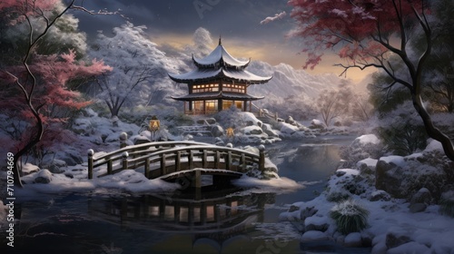 a painting of a winter scene with a bridge over a stream and a pagoda in the background with snow on the ground.