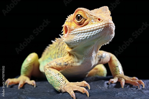 Portrait of a bearded dragon on a black background, Close-up