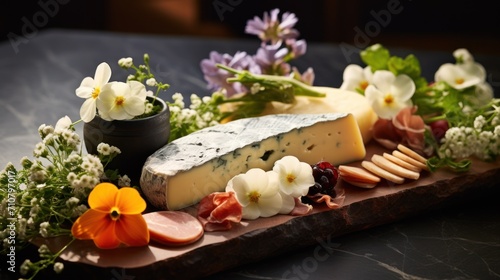  a variety of cheeses and flowers on a wooden board with a black vase of flowers on the side of the board.