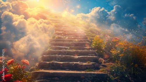 Majestic stairway reaching towards the sky, an ethereal path unveiling a heavenly journey