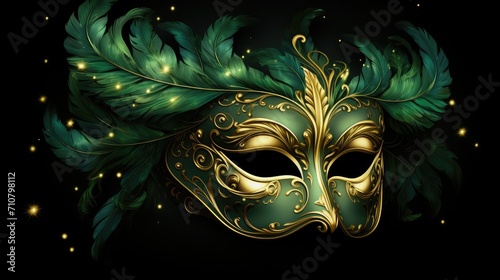 Enigmatic Venetian Mask Adorned with Gold and Emerald Feathers in Darkness - Generative AI