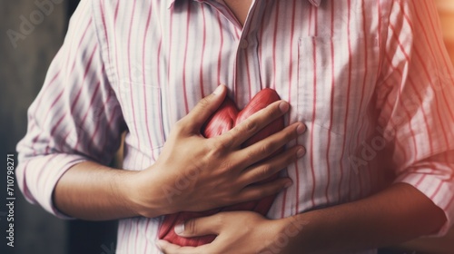 hand hold chest with heart attack symptoms, asian woman working hard have chest pain caused by heart disease, leak, dilatation, enlarged coronary heart, press on the chest with painful expression