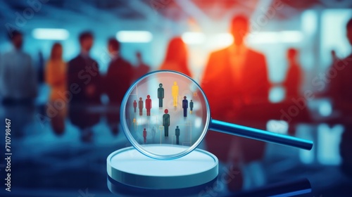 HRM or Human Resource Management, Magnifier glass focus to manager icon which is among staff icons for human development recruitment leadership and customer target. resume, interview. generate by AI