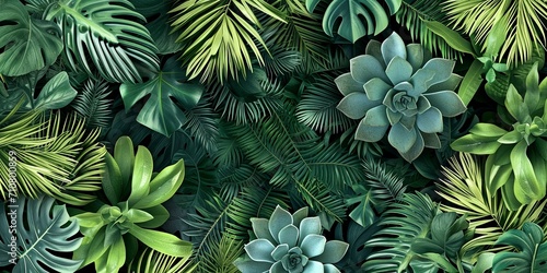 Group background of dark green tropical leaves close-up (monstera, palm, coconut leaf, fern, palm leaf, banana leaf). Natural foliage texture. Flat layout. Tropical nature concept