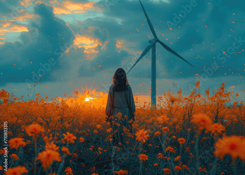 Young woman in old maxi dress stands with her back to us on the flower field with wind power stations, plants, turbines looking at dark rainy clouds