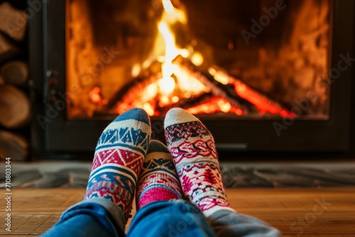 Winter scene of a couple by fireplace, feet in cozy woolen socks