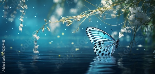 Aqua-blue butterfly with celestial patterns, gliding over a tranquil pond surrounded by weeping willows, reflecting the peacefulness of a summer afternoon.