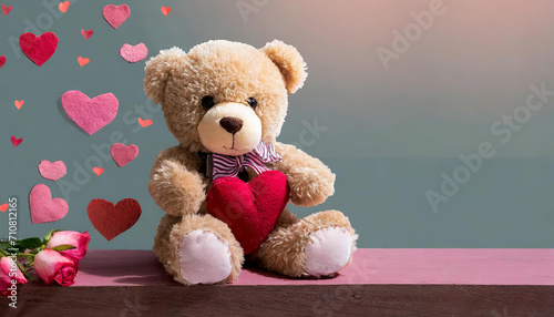 valentines day cute teddy bear red heart cushion isolated with copy space