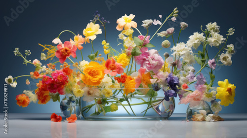  a glass vase filled with colorful flowers on top of a white counter top in front of a dark blue background.