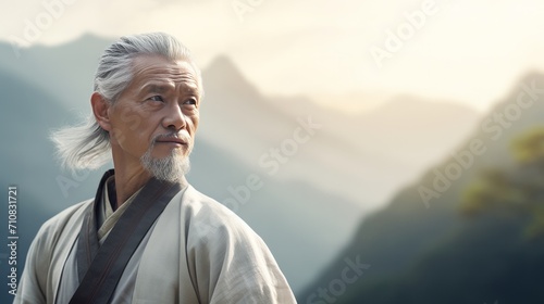 Asian wise old man in the mountains. Neural network AI generated art