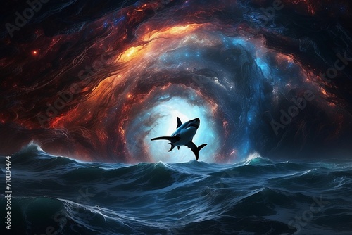 Ilustración de un portal energético en el mar con un tiburón flotando formación de galaxias, big bag, 