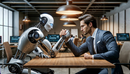 Human vs AI. Human man and AI humanoid robot are engaging in arm-wrestling match in office.