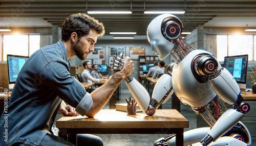 Human vs AI. Human man and AI humanoid robot are engaging in arm-wrestling match in office.