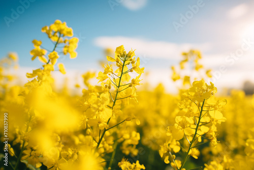 Close-up of a rapeseed field. Rapeseed oil advertisement