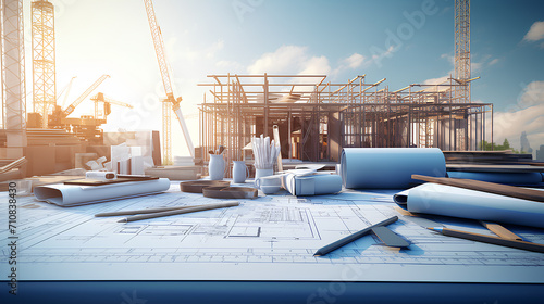 Drawings and design tools on the panorama of the construction site. Construction and design concept..
