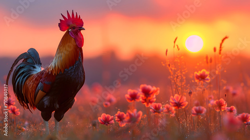 rooster in the sunset, a proud rooster crowing at dawn, signaling the start of a new day in the countryside