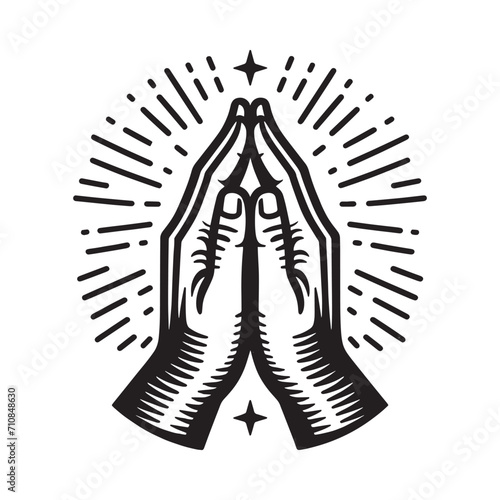 Hands folded in prayer. Vintage black engraving illustration. Monochrome vector icon. Isolated and cut out 