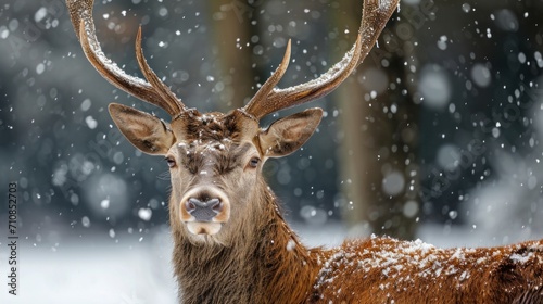 Close up of a Red deer stag in winter, UK. 