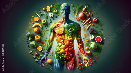 Vibrant anatomical illustration with fruits and vegetables as human organs, detailed edible anatomy artwork, health and nutrition concept