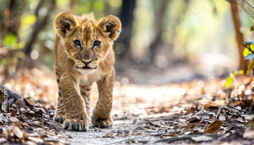 Cute baby lion confidently strolls through the lush forest, baby animals picture