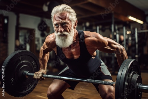 An older man demonstrates strength and dedication as he lifts a barbell in a gym, An old man lifting weights in the gym, AI Generated