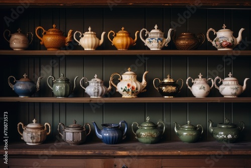 A colorful assortment of teapots in various shapes, sizes, and designs displayed on a shelf, Antique teapots arranged on a rustic kitchen shelf, AI Generated