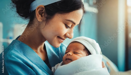 Nurse cradling a infant, newborn baby, displaying genuine emotions of nurture and care. Tender healthcare moment captured in a modern hospital setting