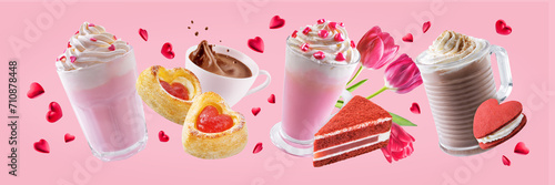 Pink holidays background with hot chocolate or coffee and sweets, like cake; whoopies and hearts for Valentine's day