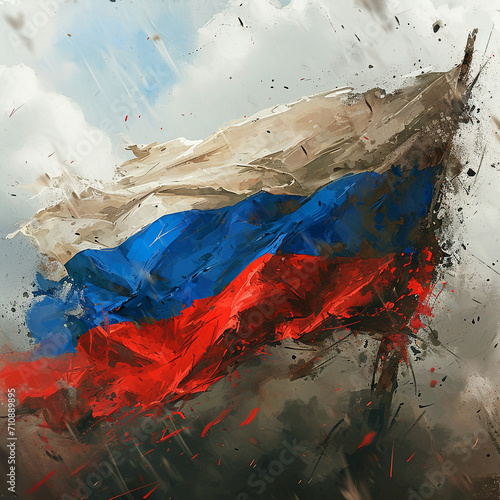 The slow fall or tearing of the Russian flag symbolizes a blow to national pride.