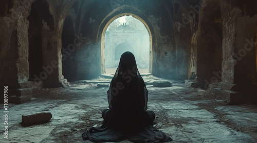 A visually stunning portrayal of a nun immersed in the act of prayer, set against the backdrop of a monastery's ancient courtyard, where aged stone walls and archways echo the time