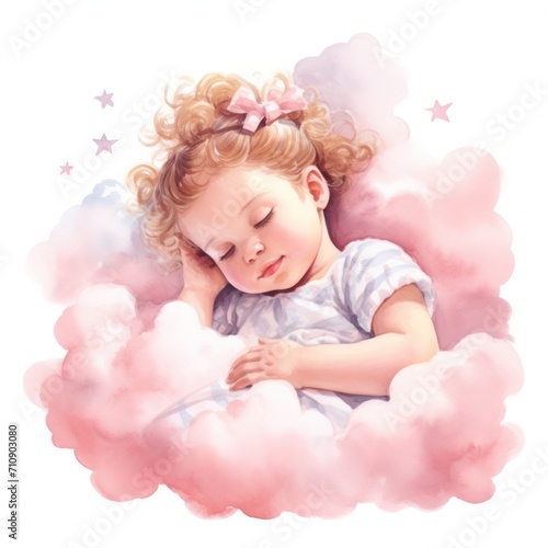 A little girl with red hair and a bow is sleeping on a pink cloud.