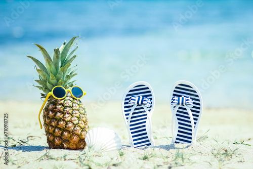 A Pineapple in nature by the sea with sneakers on the shore nature background