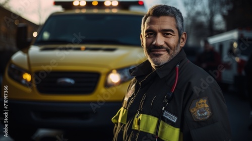 Portrait of a firefighter in front of a fire truck