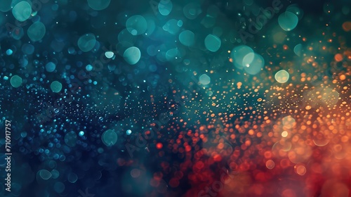 bokeh lights and glowing particles on a dark background. a gradient of colors from turquoise to deep blue before transitioning into a warm orange-red hue.