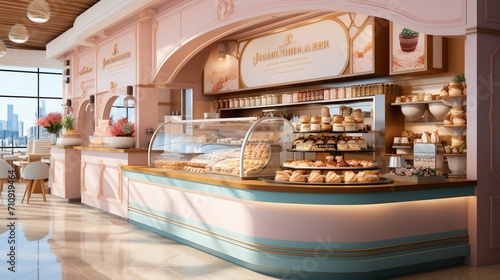 Modern bakery interior with pink walls and blue counters
