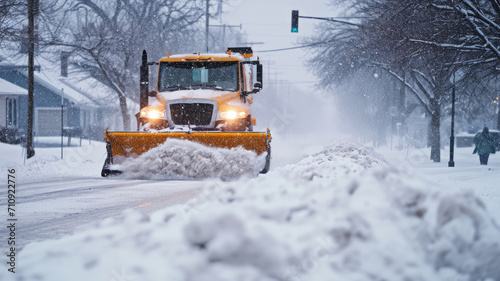 Snow Plow Clearing Residential Streets in a Snowstorm