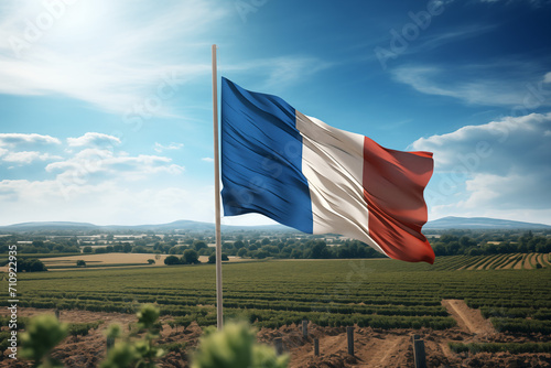 Flag of France with a field in the background. French agriculture and farmer. Country: France. Learn French. The country of France. The symbol of France.