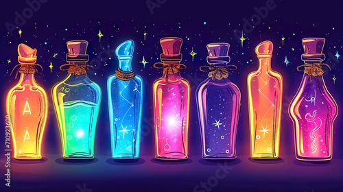 Neon bottles of magic elixir on a dark background, sketch illustration. Generated AI