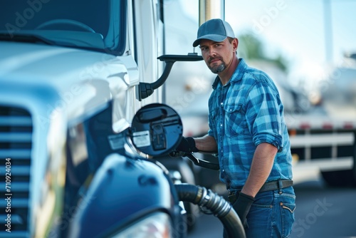 Semi-truck being refueled by mid adult truck driver 