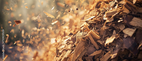 Wood chips flying in the air with sunlight filtering through