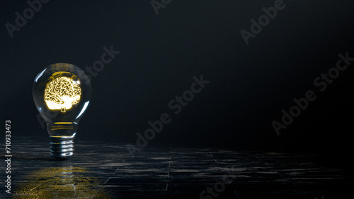 A light bulb with a glowing brain inside, in a low lighting environment, 3d illustration
