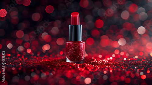 a red lipstick is on a shiny surface with a blurry boke of lights in the background and a sparkly red background 