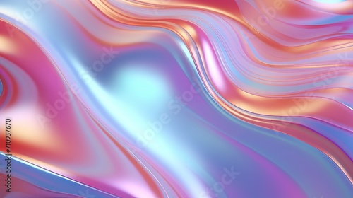 An abstract abstract in 3d has an iridescent wavy background with vivid liquid reflections and a neon holographic fluid distortion surface.
