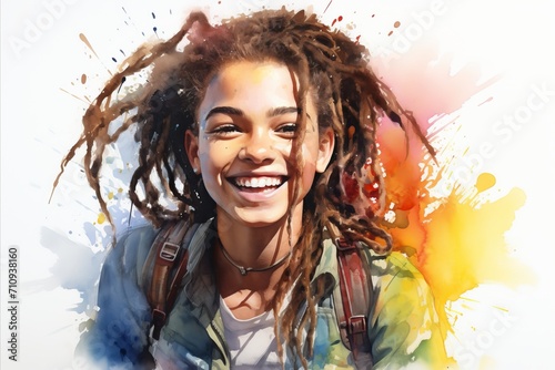 watercolor illustration in bright colors, young girl with dreadlocks, with a backpack smiles on a light backgroud