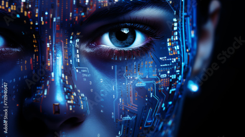 Futuristic portrait of an AI girl in blue colors. Artificial intelligence, microcircuits.