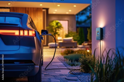 Electric car is being charged at night time from a wallbox, modern cottage