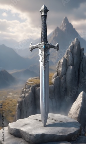 A fantastic sword from the Middle Ages, against a background of rocks and mountains
