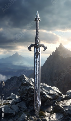 A fantastic sword from the Middle Ages, against a background of rocks and mountains